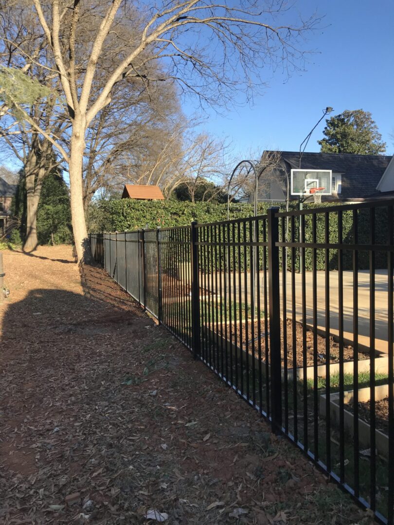 A fence that is made of black metal.