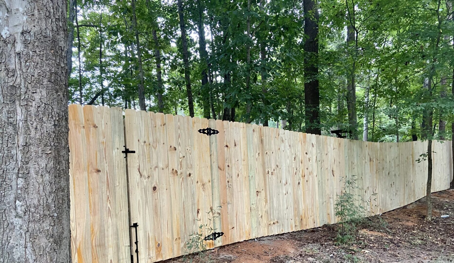 A wooden fence with trees in the background